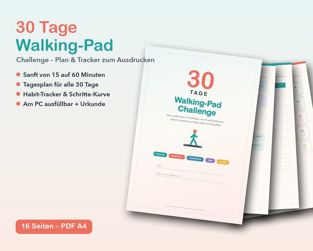 Titelseite und Innenseiten der 30 Tage Walking-Pad Challenge als PDF